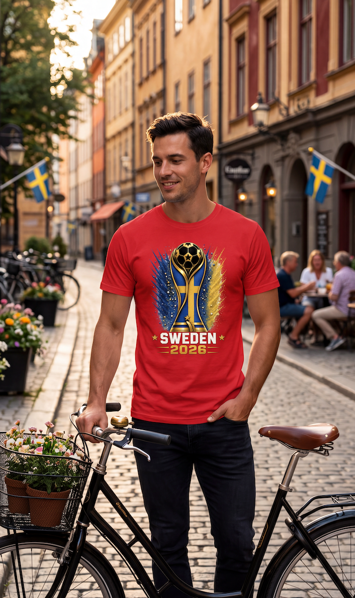 Man wearing a red t-shirt with a Sweden 2026 design, standing on a street with buildings and flags in the background.