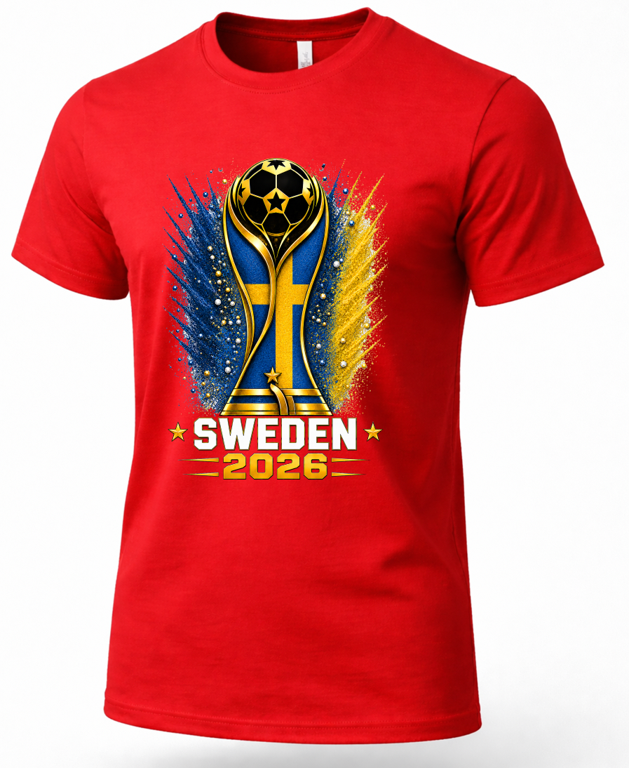 Red t-shirt with a trophy graphic and 'Sweden 2026' text on a white background
