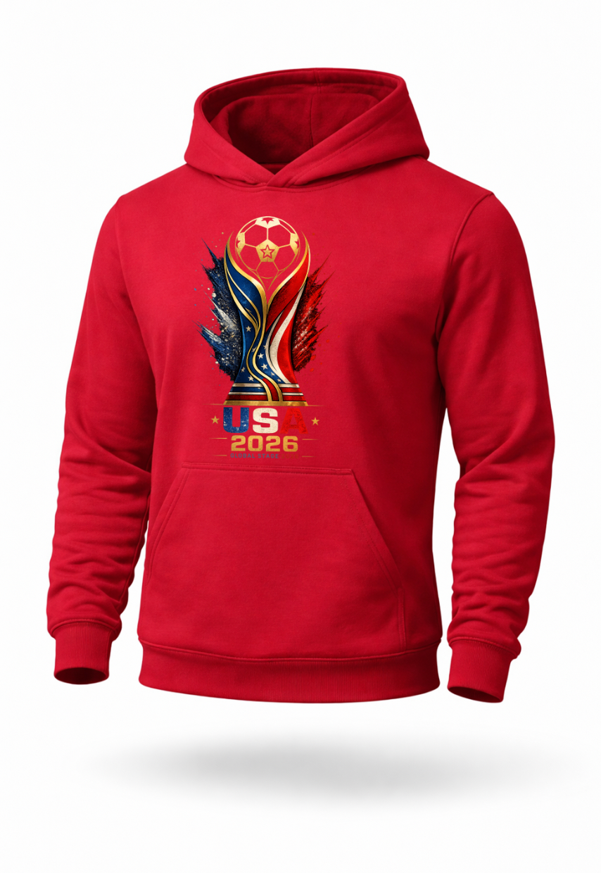 Red USA 2026 soccer hoodie featuring patriotic red white and blue football-inspired graphic artwork on premium streetwear pullover hoodie