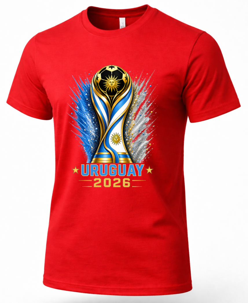 Red Uruguay soccer fan graphic tee with 2026 football inspired artwork
