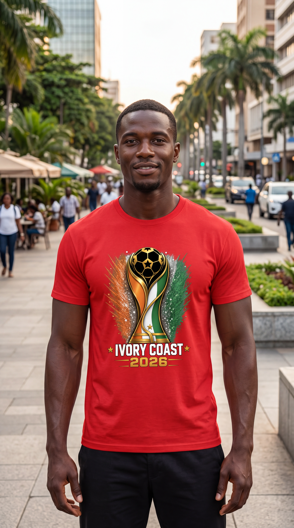 Man wearing a red t-shirt with Paraguay 2026 design in an urban setting