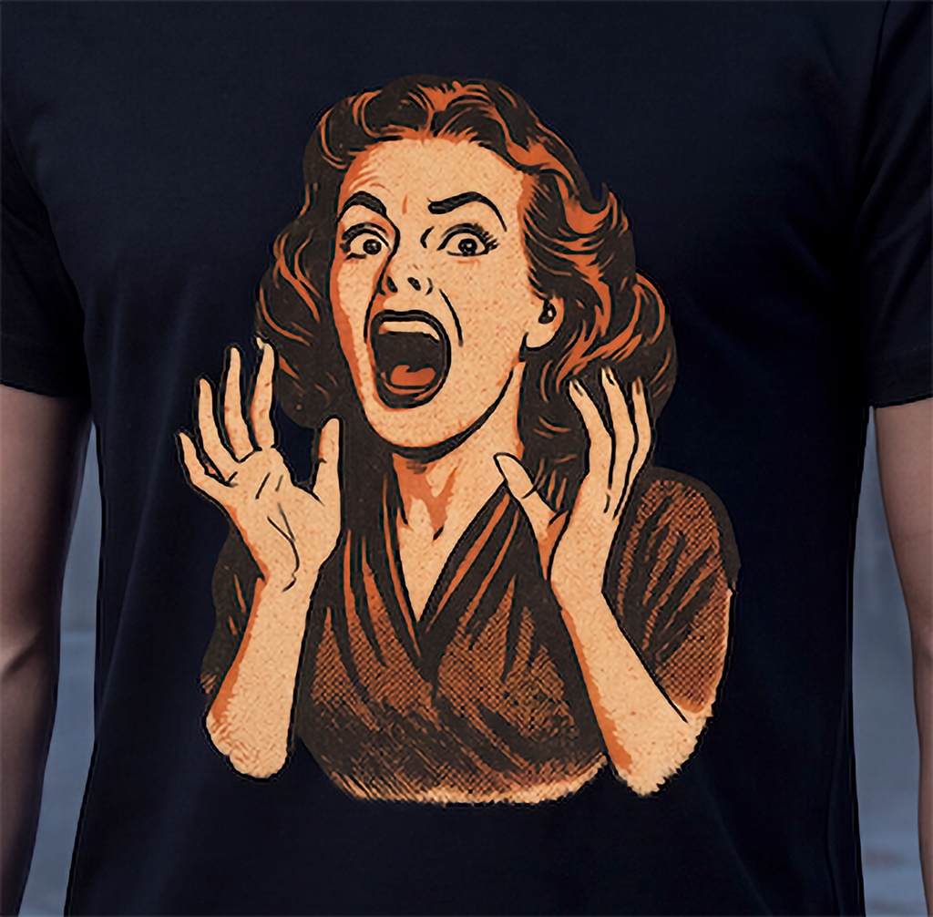 Close-up of vintage screaming woman graphic on black retro horror T-shirt