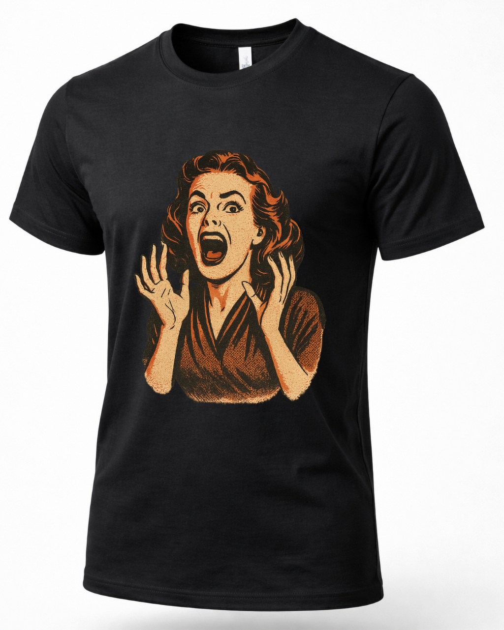 Black retro horror T-shirt featuring a vintage screaming woman graphic in orange and cream