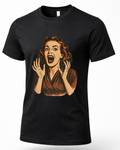 Black retro horror T-shirt featuring a vintage screaming woman graphic in orange and cream