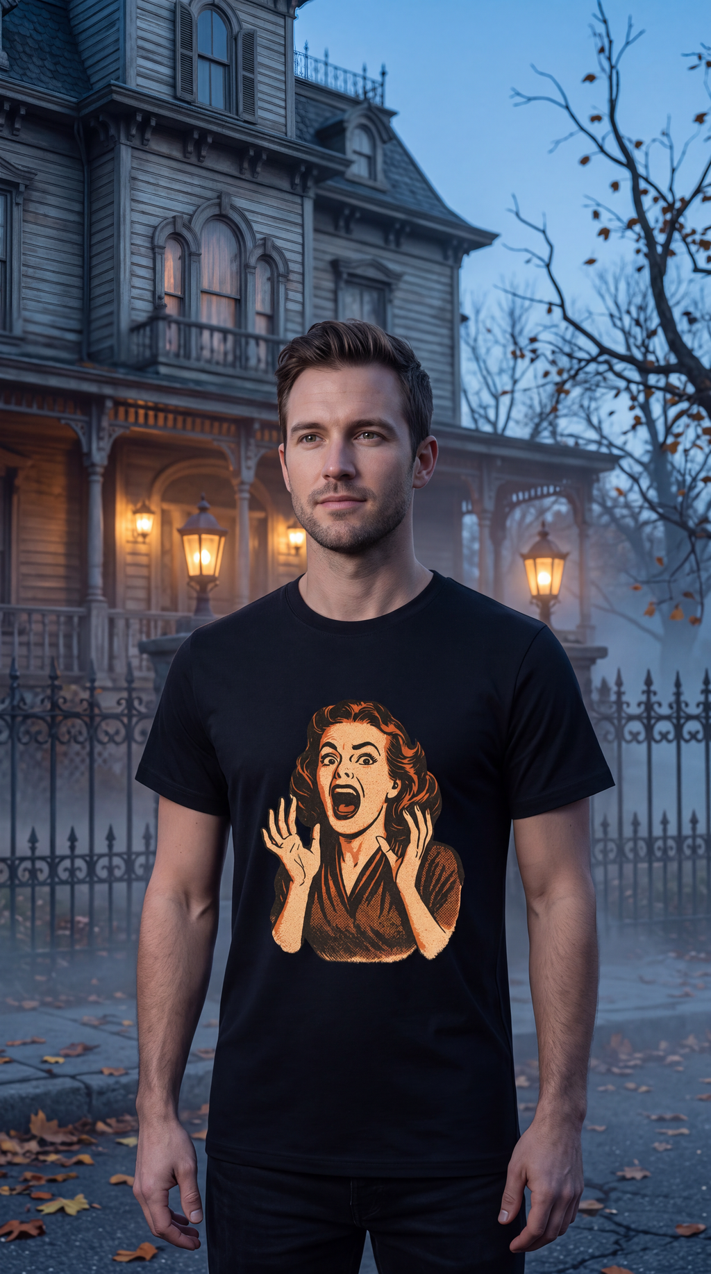 Man wearing a black retro horror T-shirt with vintage screaming woman graphic in a spooky outdoor Halloween setting