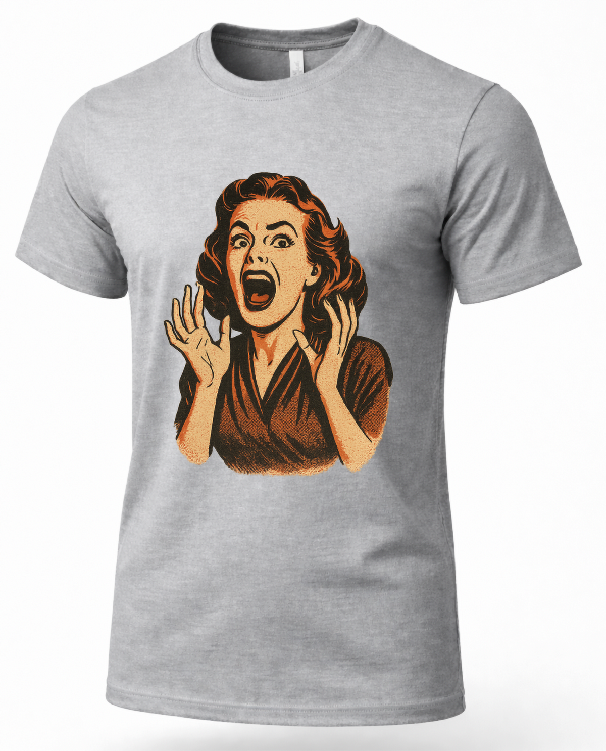 A heather gray short-sleeve crewneck t-shirt featuring a retro-style graphic print of a surprised woman with wavy hair in brown and orange tones.