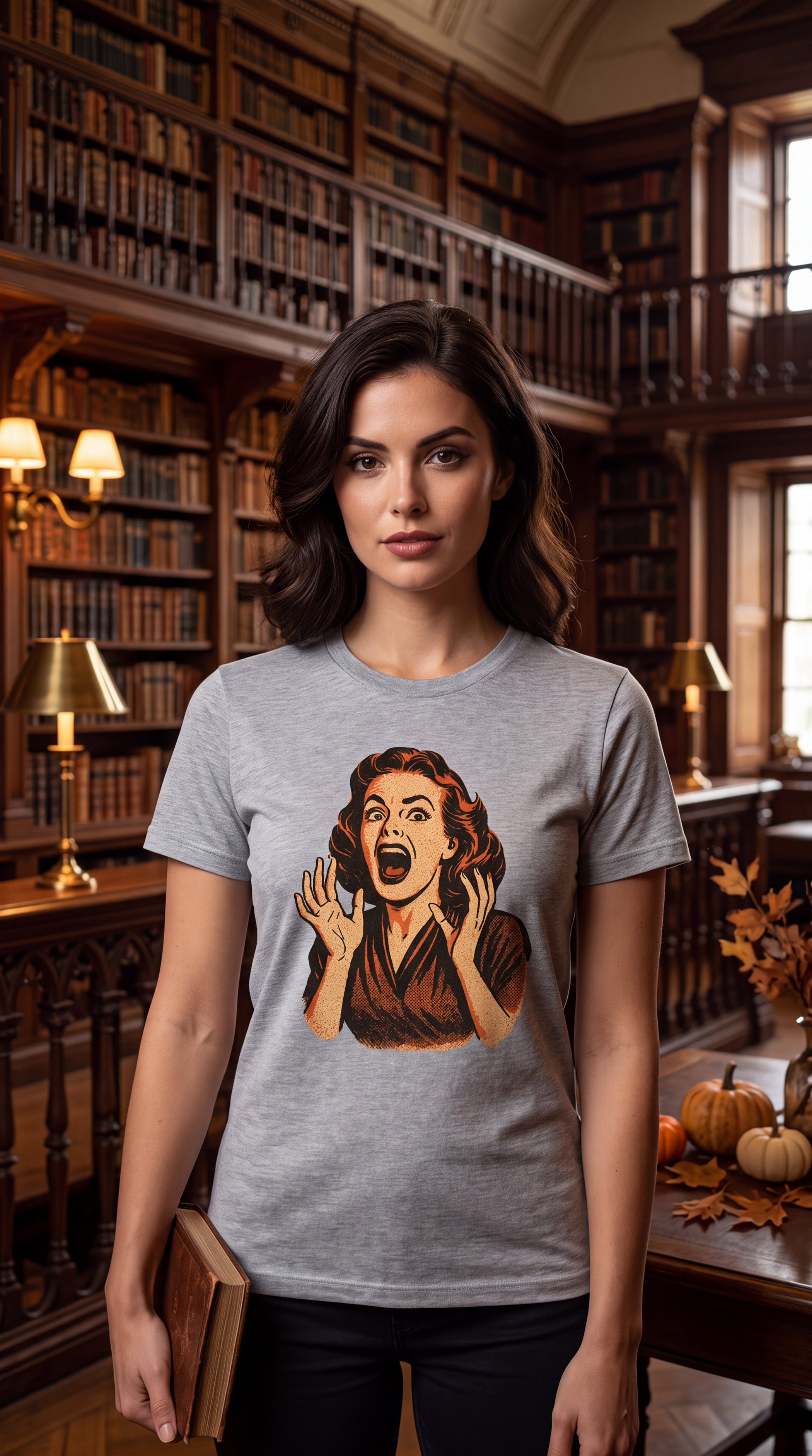 A woman stands in a warm, wood-paneled library wearing a heather gray t-shirt with a retro-style graphic of a shocked woman. The background features bookshelves, lamps, and autumn pumpkins on a table.