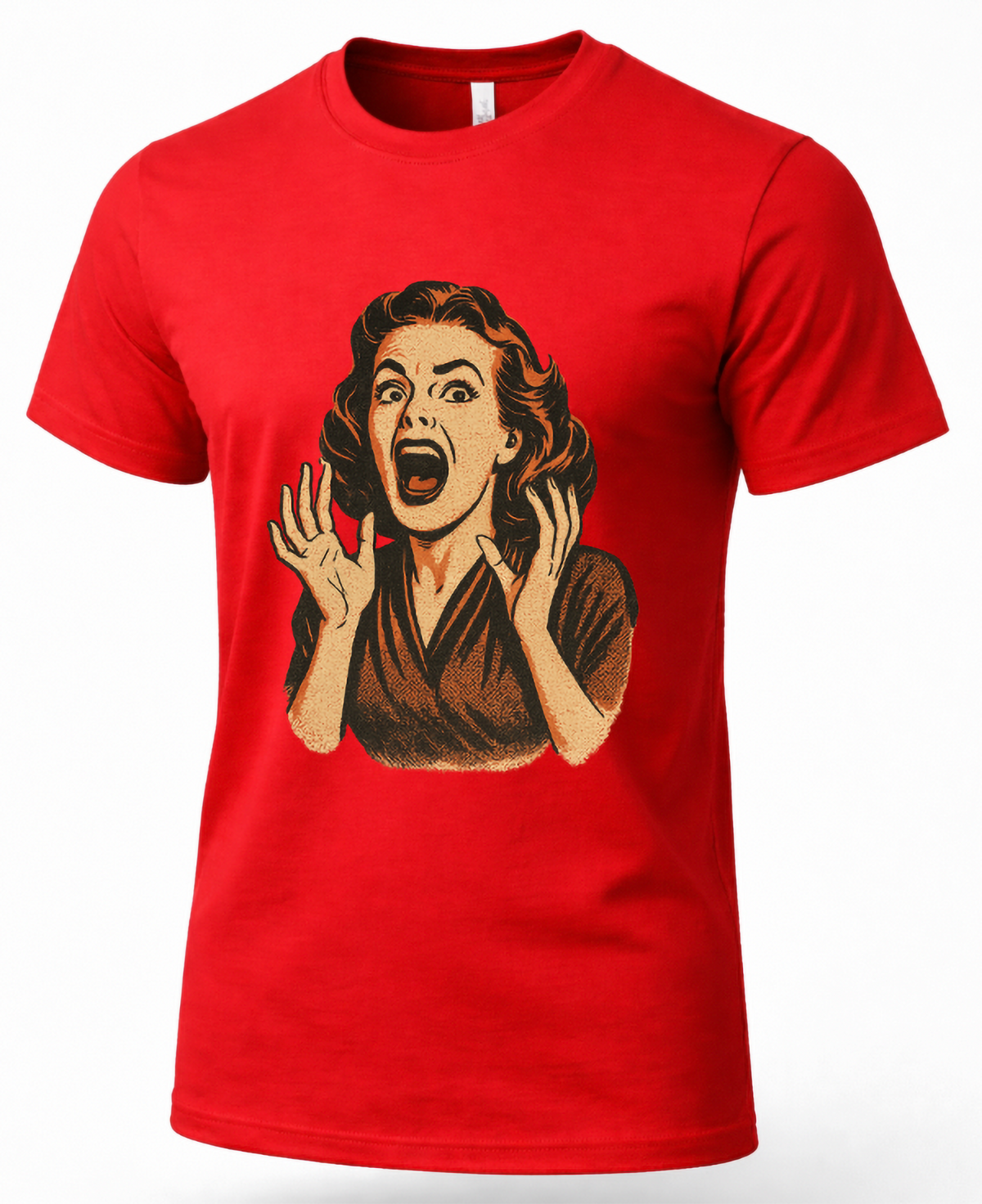 A red short-sleeve crewneck t-shirt featuring a retro-style graphic print of a shocked woman with wavy hair, shown on a clean white background.