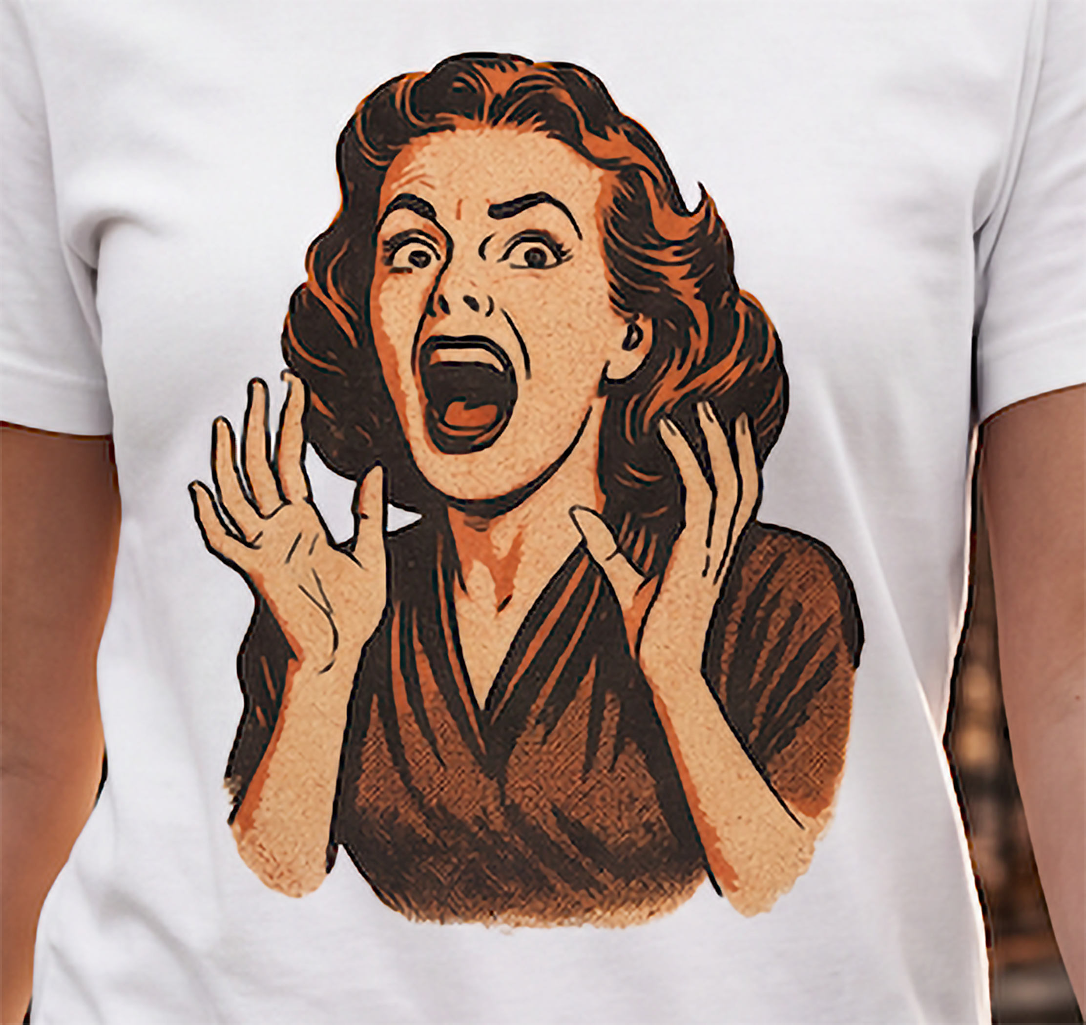 Close-up of vintage screaming woman graphic on white retro horror T-shirt