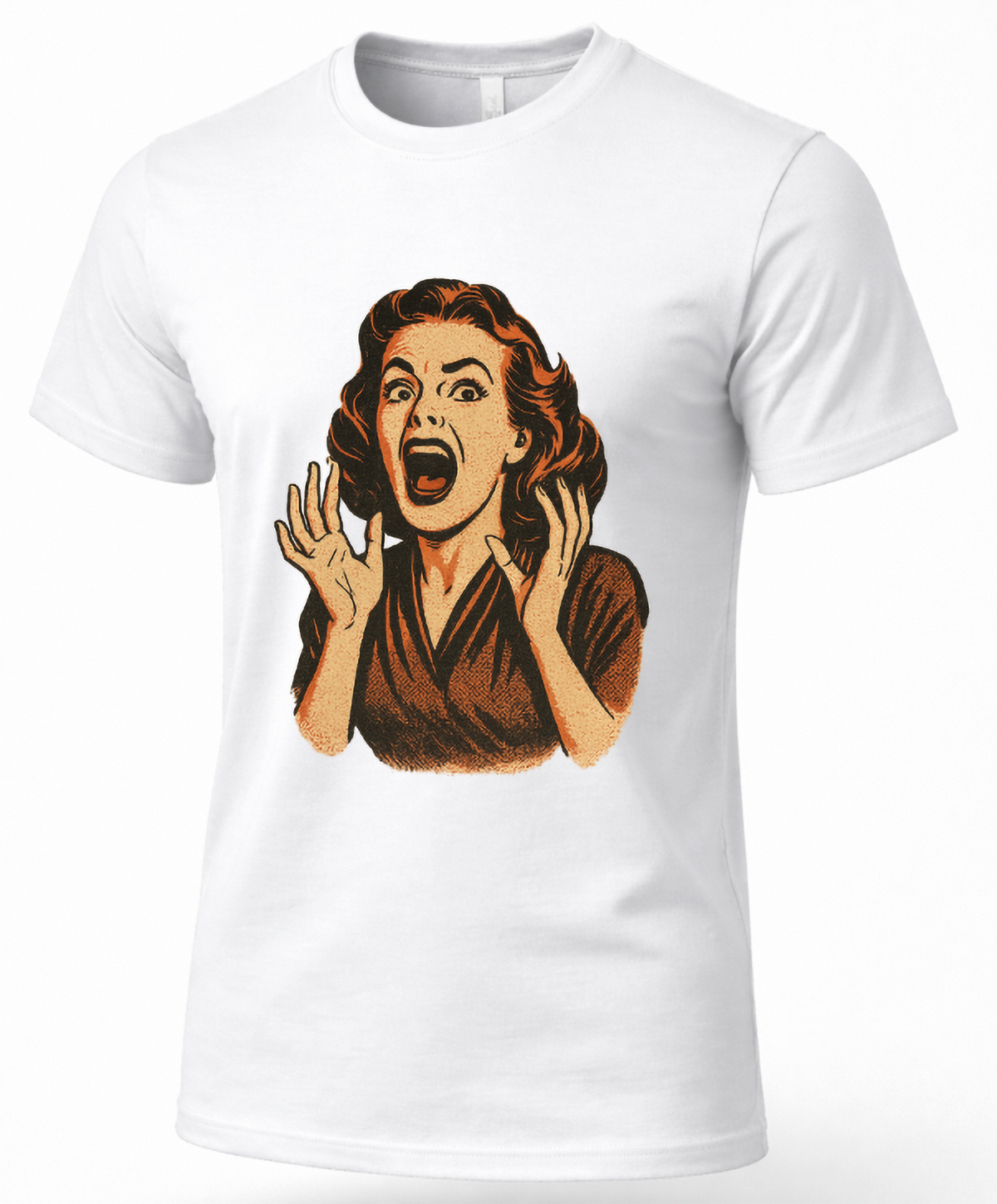 White retro horror T-shirt featuring a vintage screaming woman graphic in orange and black
