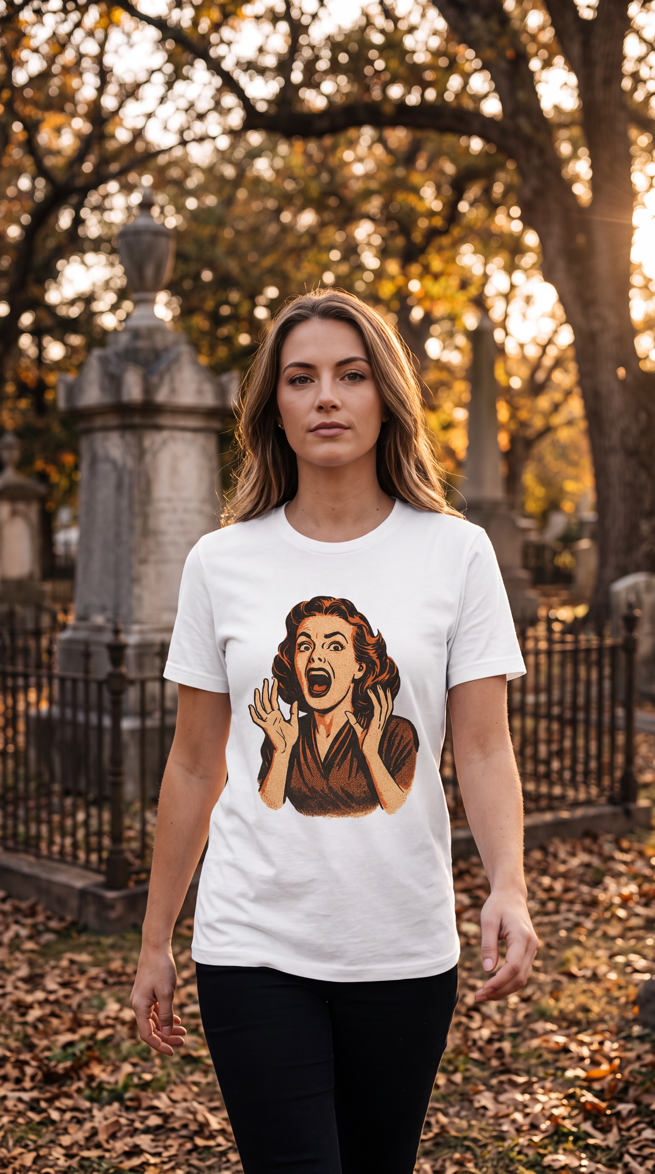 Woman wearing a white retro horror T-shirt with vintage screaming woman graphic in an autumn outdoor setting