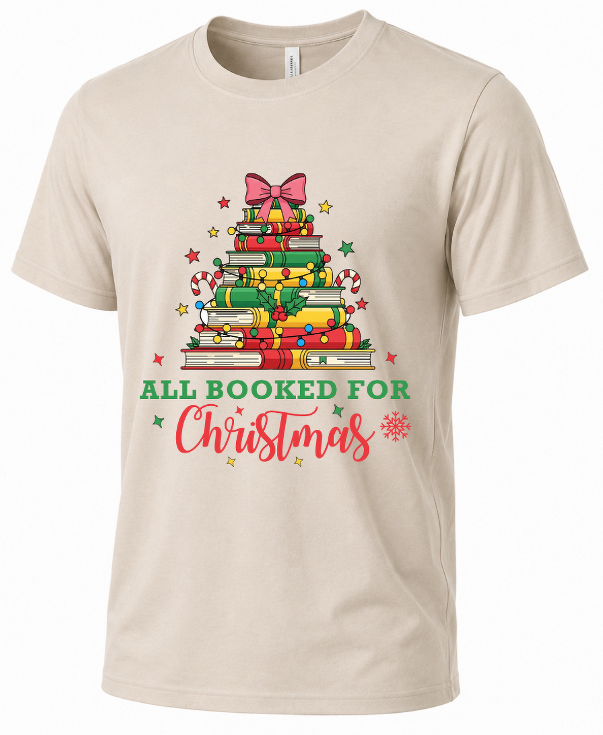 Sand All Booked for Christmas graphic tee featuring a festive Christmas tree made from stacked books.