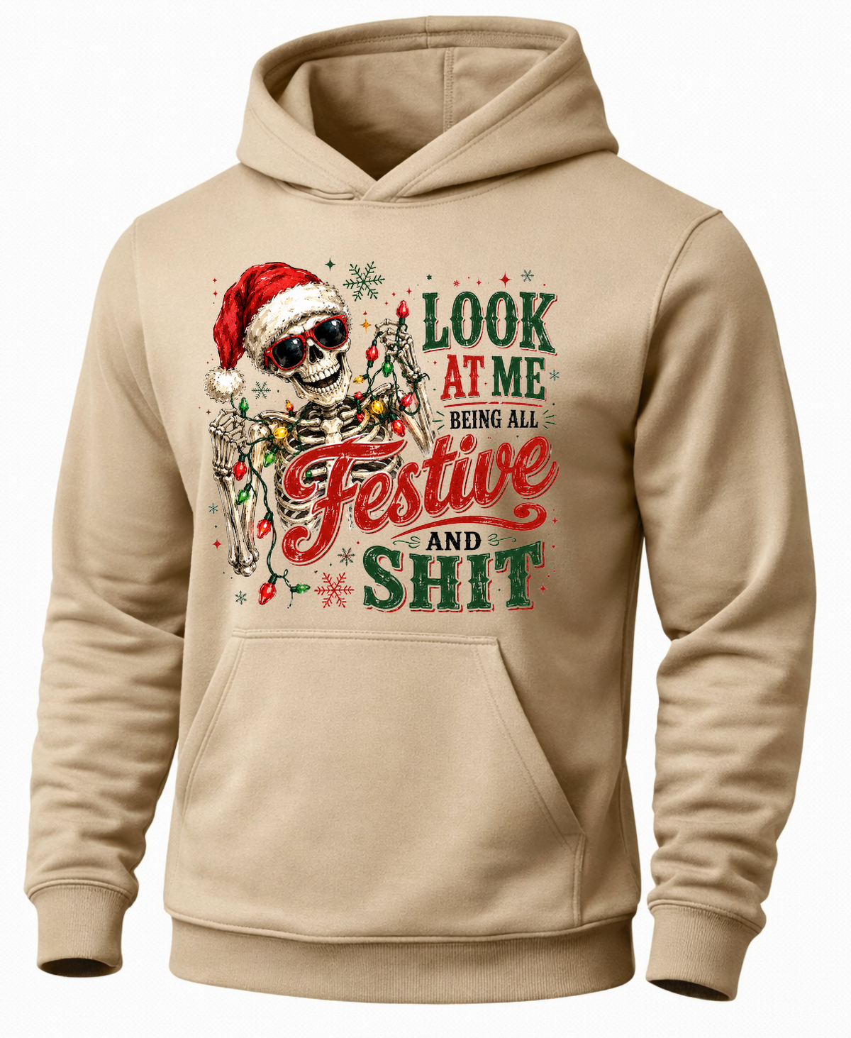 Sand funny Christmas hoodie with Santa skeleton and holiday lights design