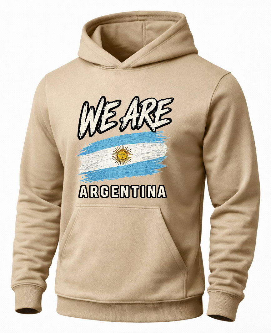 A beige pullover hoodie with a graphic on the chest featuring the text 'WE ARE ARGENTINA' and a stylized Argentina flag, shown on a plain white background.