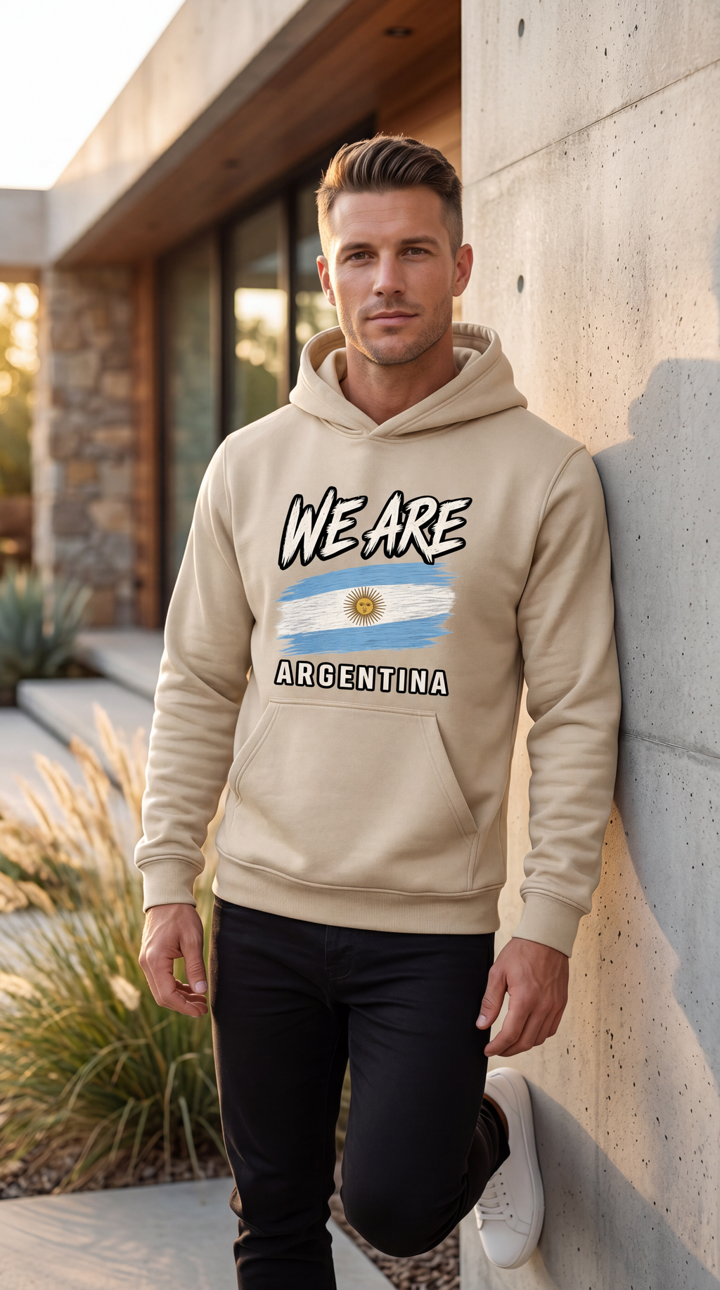 A man wearing a beige hoodie with a graphic print of the Argentina flag and the text 'WE ARE ARGENTINA' leans against a concrete wall outdoors.