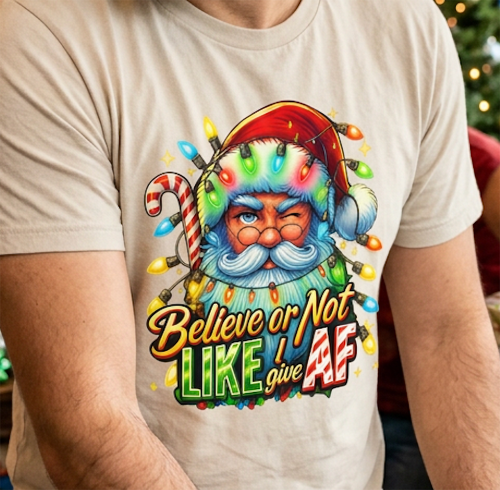 Sand Close-Up: Detailed close-up of the Believe or Not Like I Give AF Christmas design on sand-colored fabric featuring Santa and festive lights.