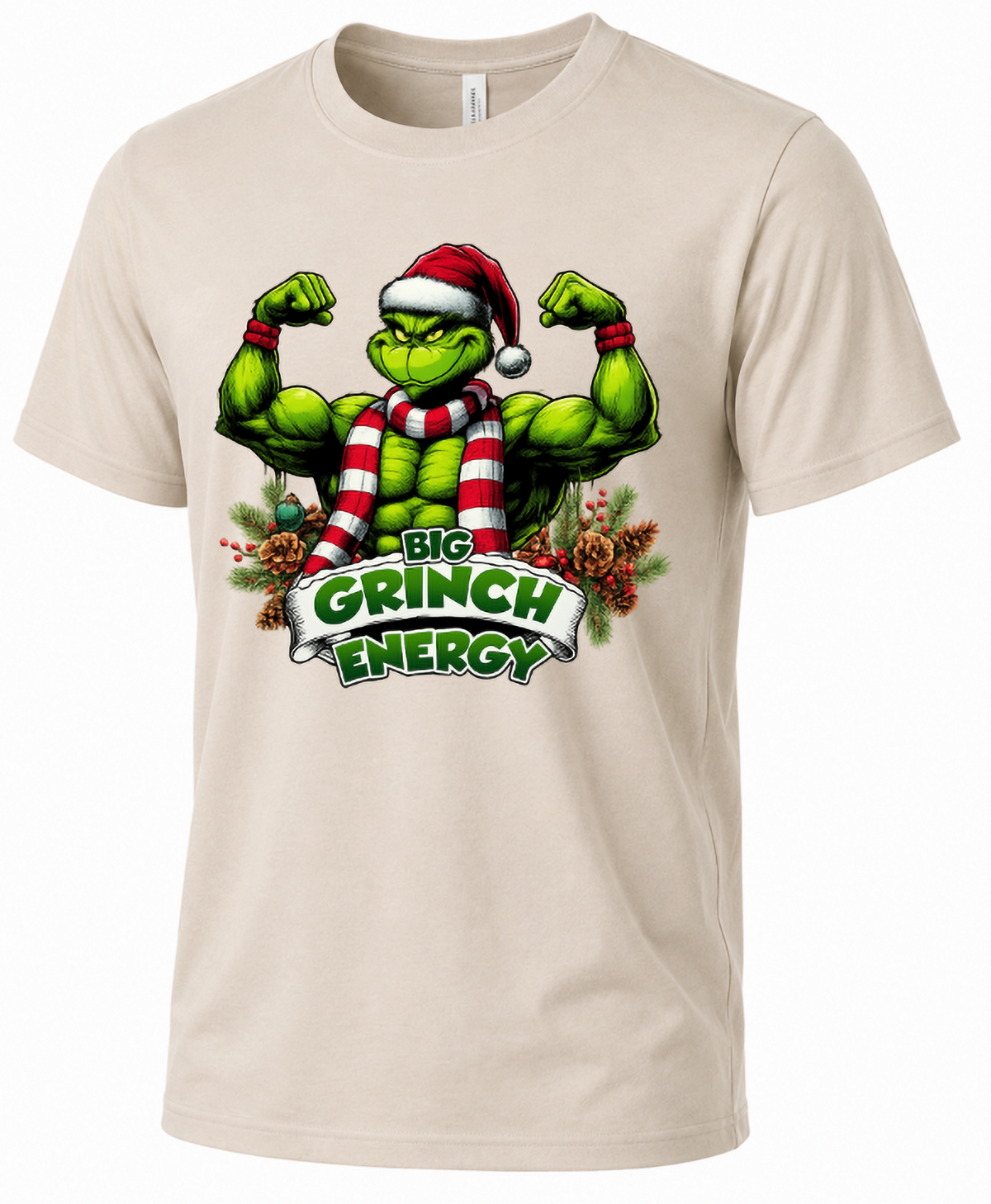 Sand Big Grinch Energy Christmas graphic t-shirt featuring muscular Grinch flexing in a Santa hat with festive Christmas decorations.
