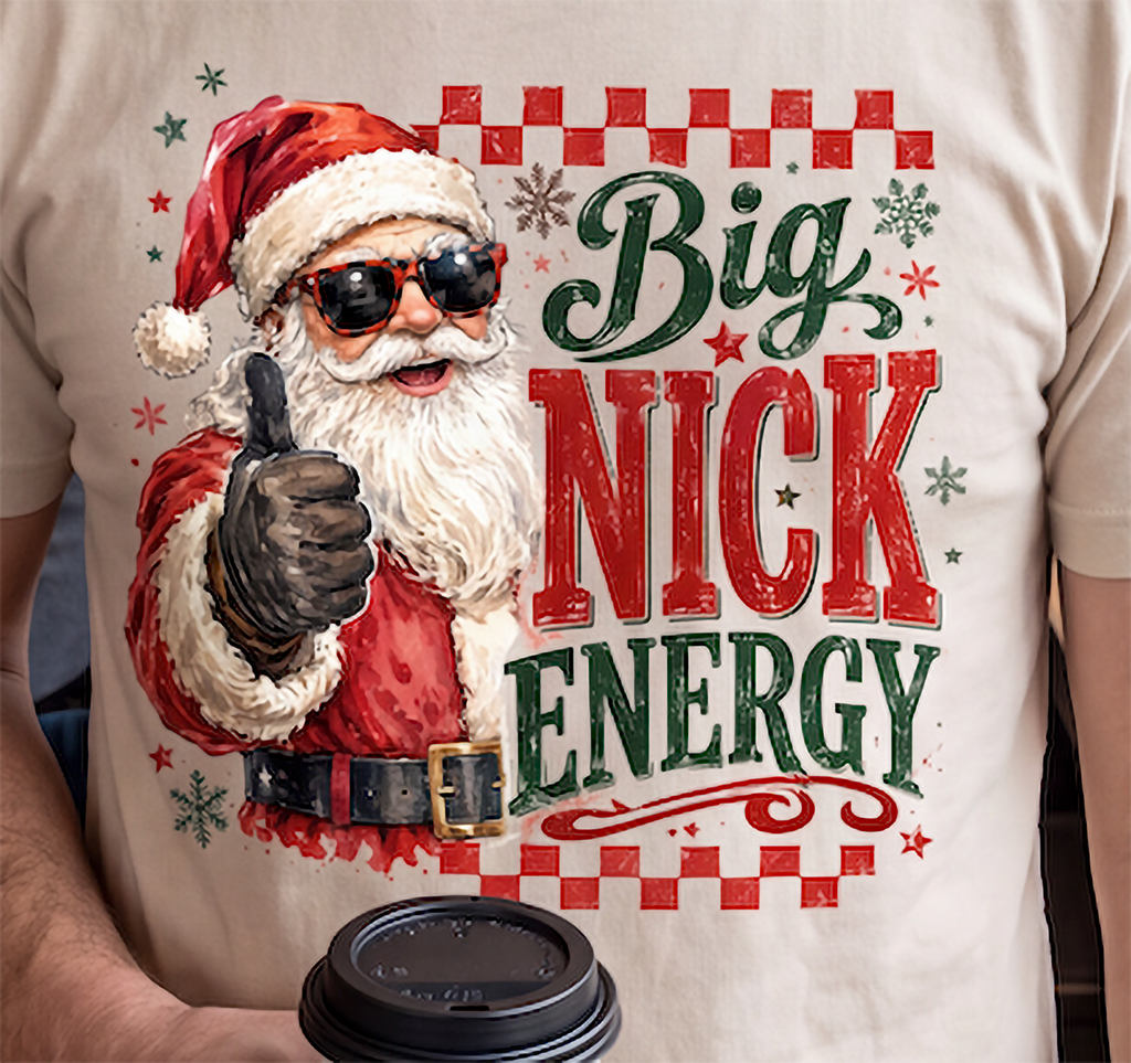 Close-up of Big Nick Energy Santa holiday design on sand shirt