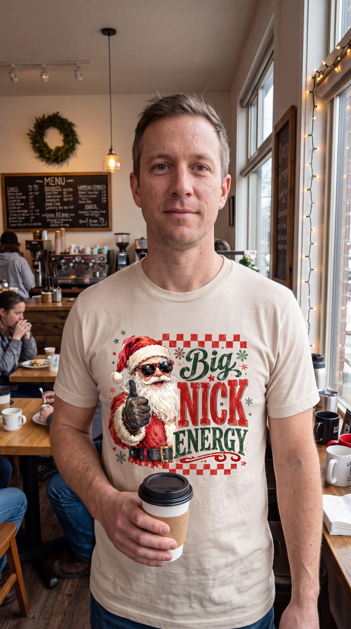 Model wearing sand Big Nick Energy Christmas shirt with Santa graphic