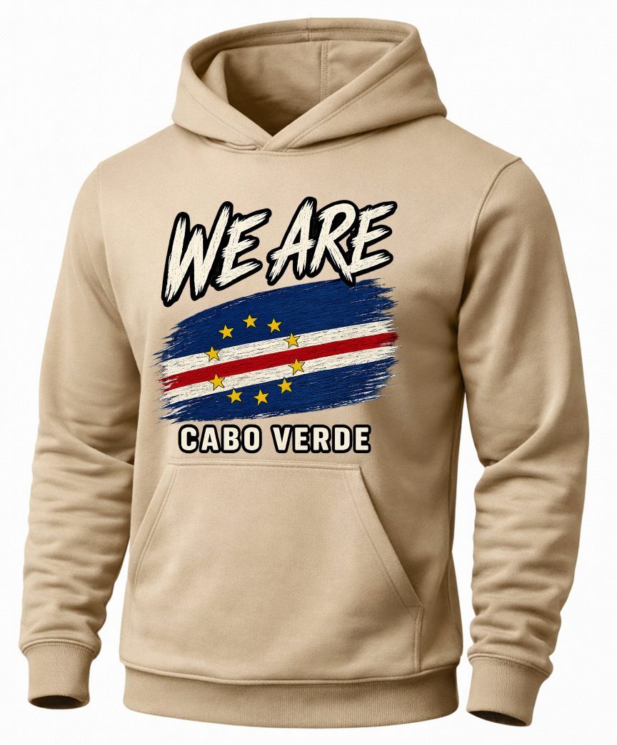 A beige pullover hoodie with a graphic print on the front featuring the text 'WE ARE CABO VERDE' and a stylized flag design in blue, red, white, and yellow, shown on a plain white background.
