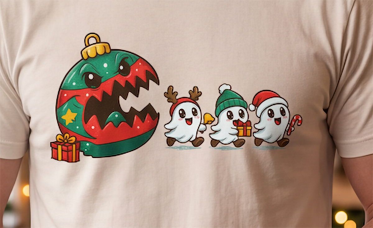 Close-up of sand Christmas ghost graphic tee with festive holiday ghosts and Christmas ornament artwork.