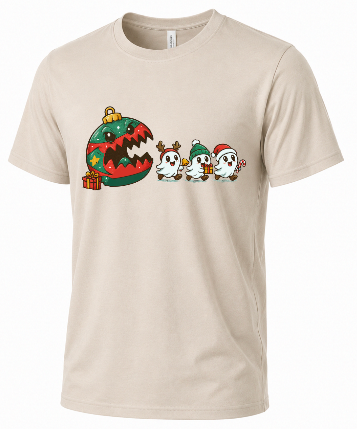 Sand Christmas ghost shirt featuring three cute festive ghosts and giant holiday ornament design.