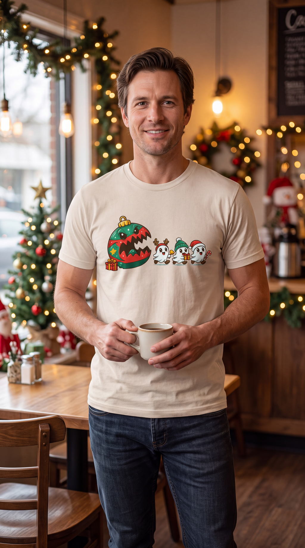 Man wearing sand Christmas ghost graphic tee featuring festive ghosts and colorful Christmas ornament.
