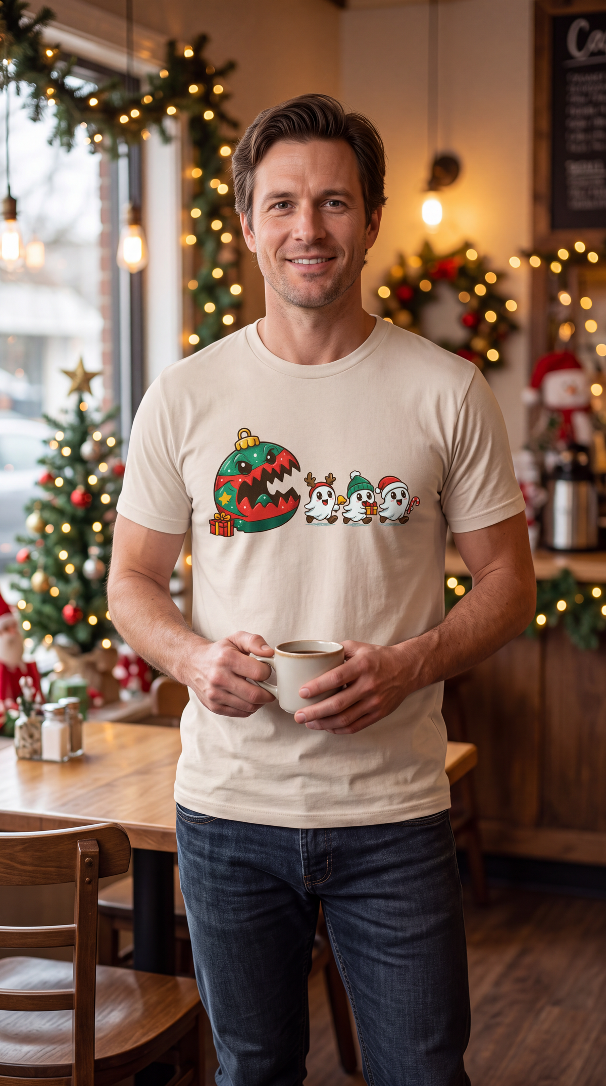 Man wearing sand Christmas ghost graphic tee featuring festive ghosts and colorful Christmas ornament.
