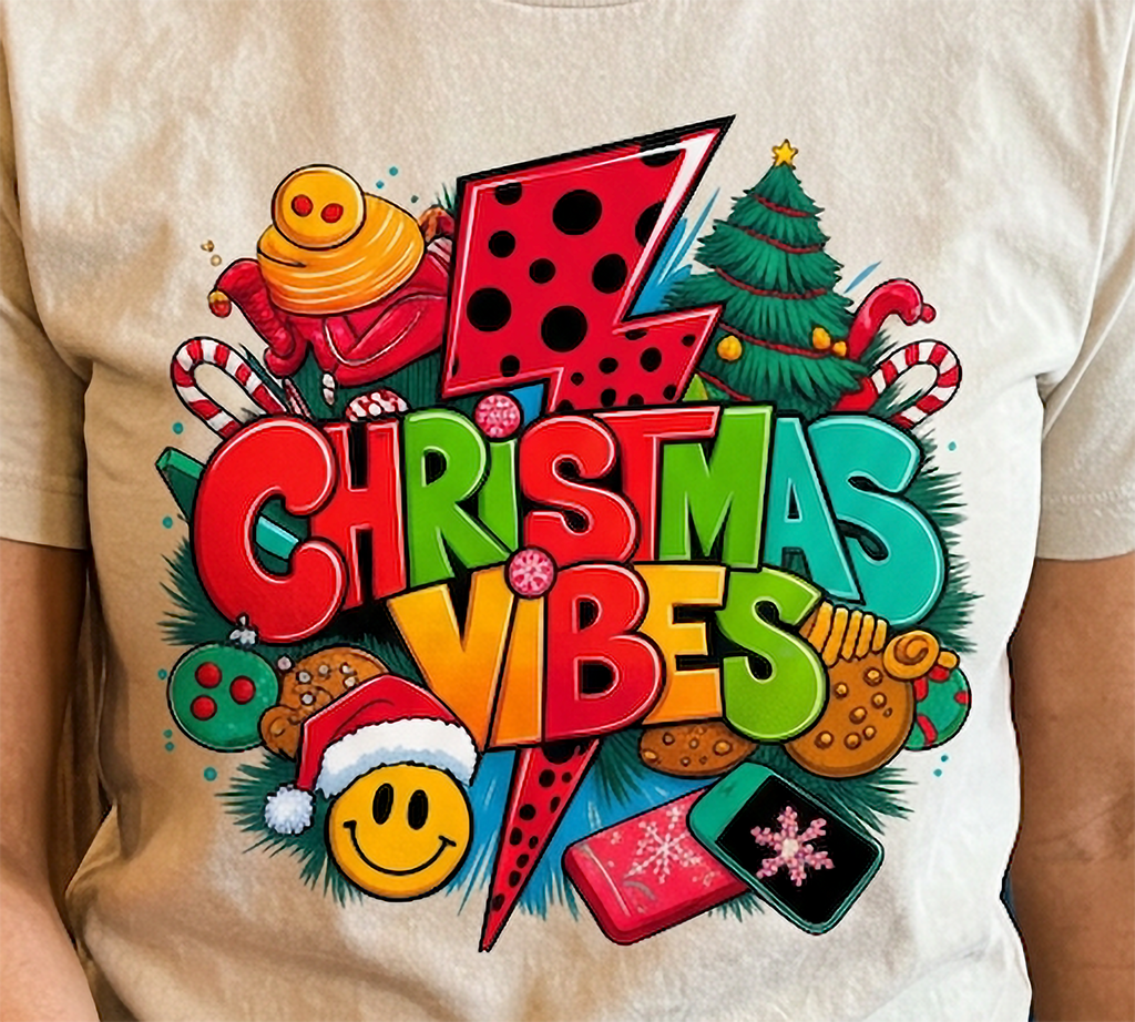 Sand Design Close-Up: Close-up of vibrant Christmas Vibes artwork on a sand-colored unisex t-shirt with colorful lettering and holiday decorations.