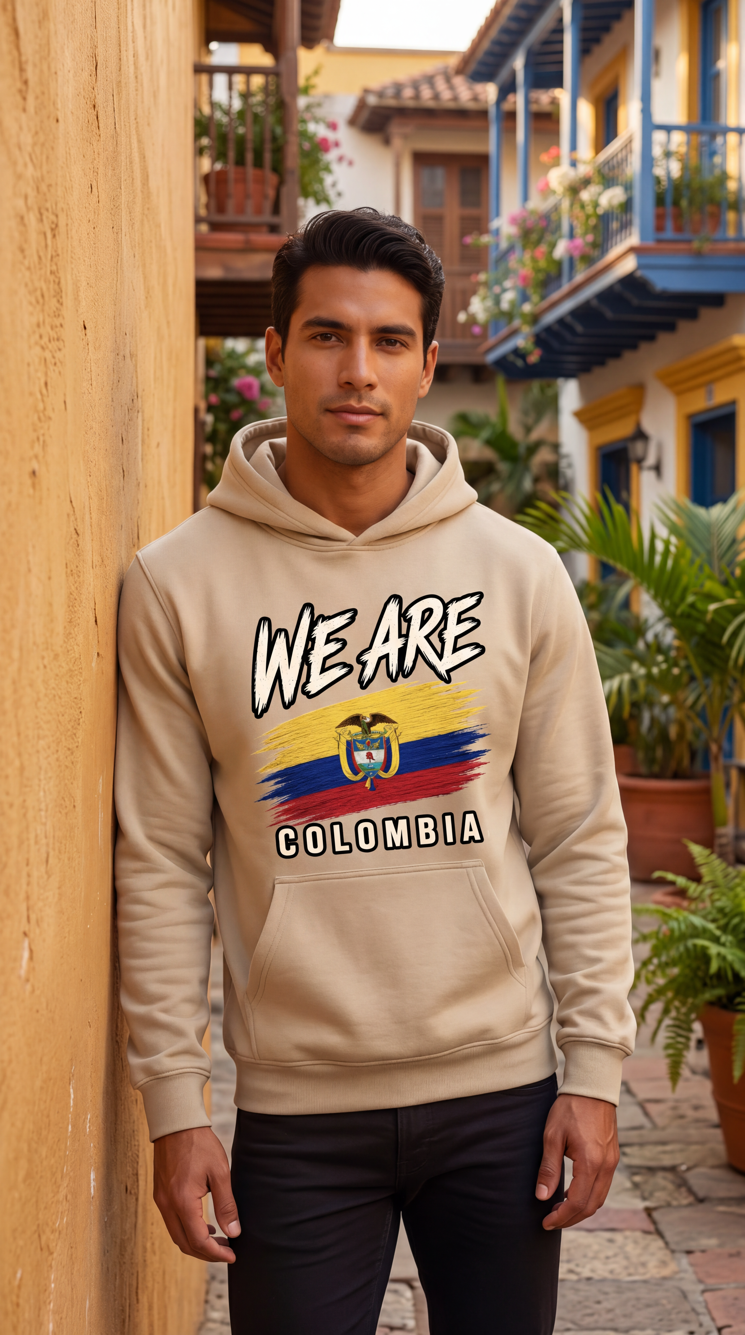 A man wearing a beige hoodie with a graphic print that reads 'WE ARE COLOMBIA' and features the Colombian flag and coat of arms, standing in an outdoor street setting with colonial-style buildings.