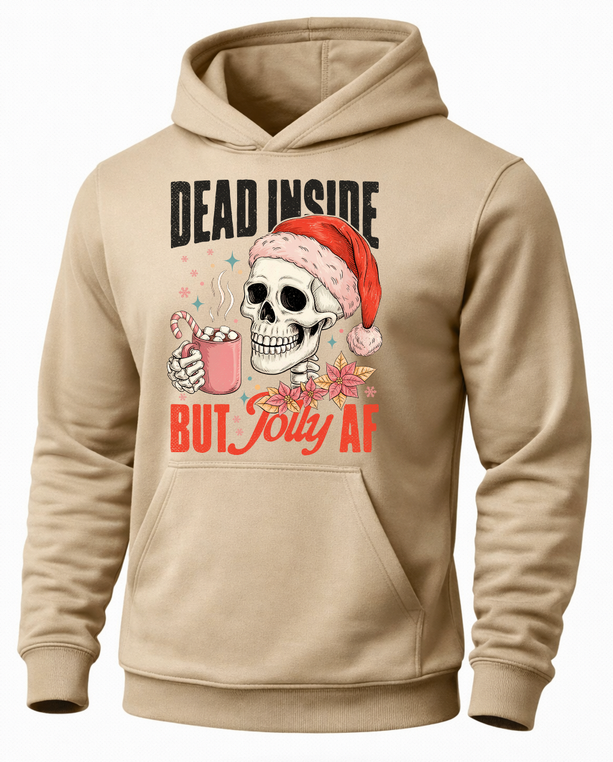 Sand Christmas skeleton hoodie with festive Santa skull and hot cocoa graphic