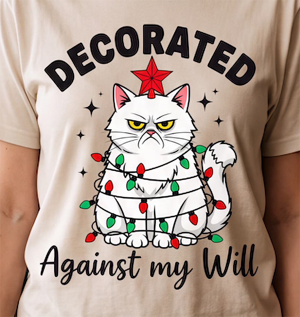Close-up of grumpy cat wrapped in Christmas lights graphic printed on sand colored shirt.