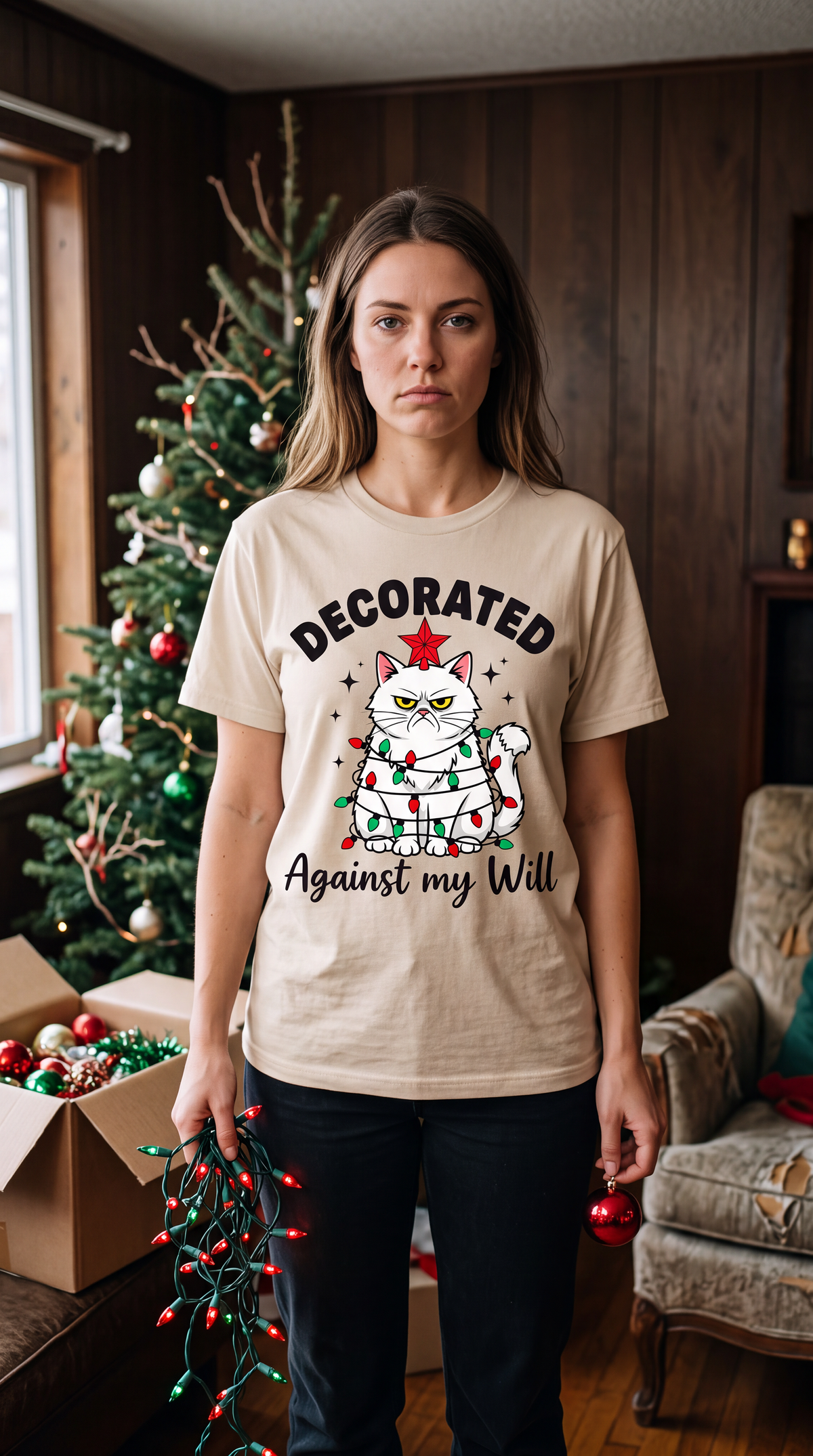 Woman wearing sand funny cat Christmas shirt featuring grumpy cat and holiday lights graphic.