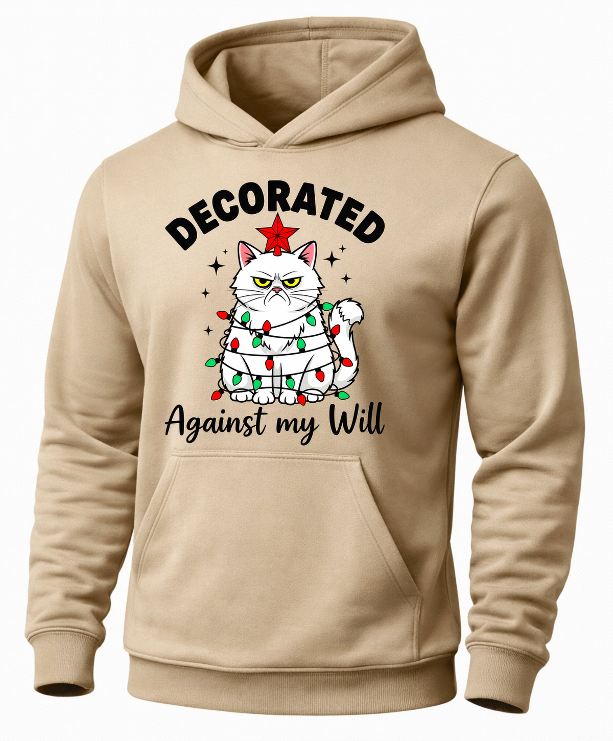 Sand funny Christmas cat hoodie with grumpy cat wrapped in holiday lights