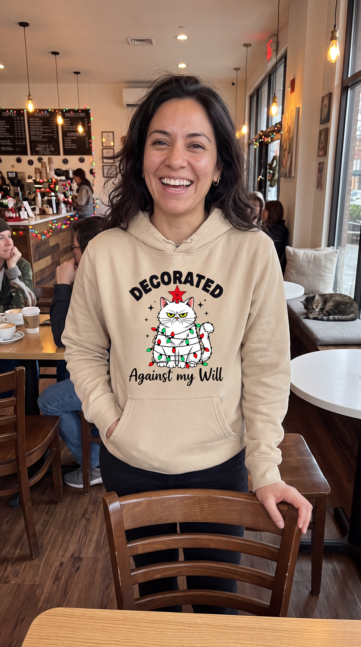 Woman wearing sand cat Christmas hoodie with Decorated Against My Will design