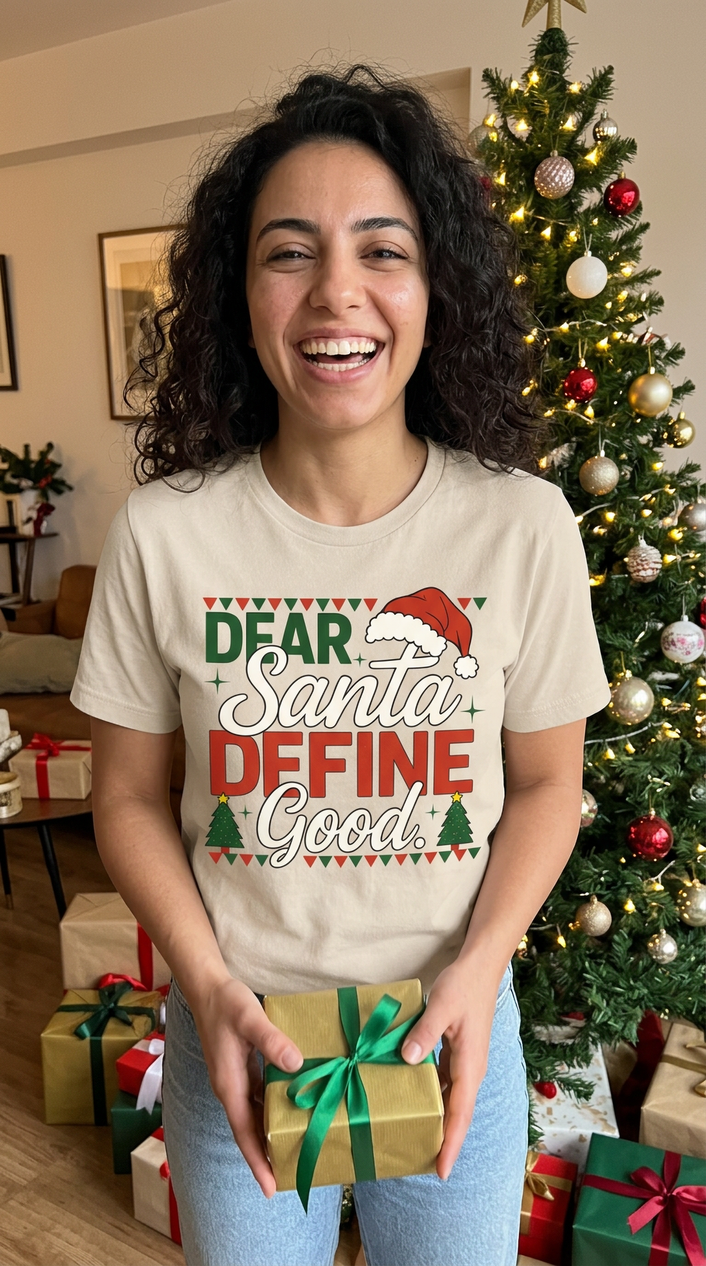 Lifestyle – Sand: Woman wearing a sand-colored Dear Santa Define Good Christmas shirt at a festive indoor holiday gathering.