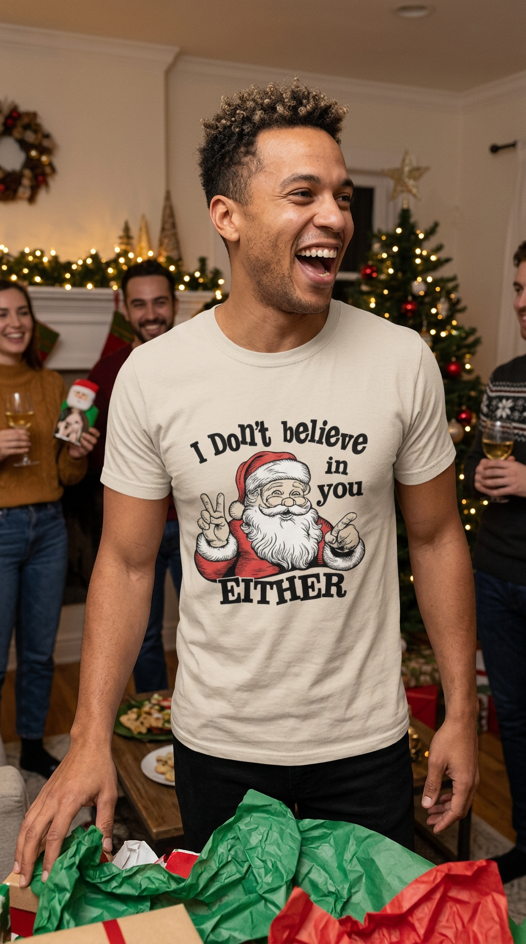 Man wearing a sand colored funny Christmas Santa shirt at a festive holiday gathering.