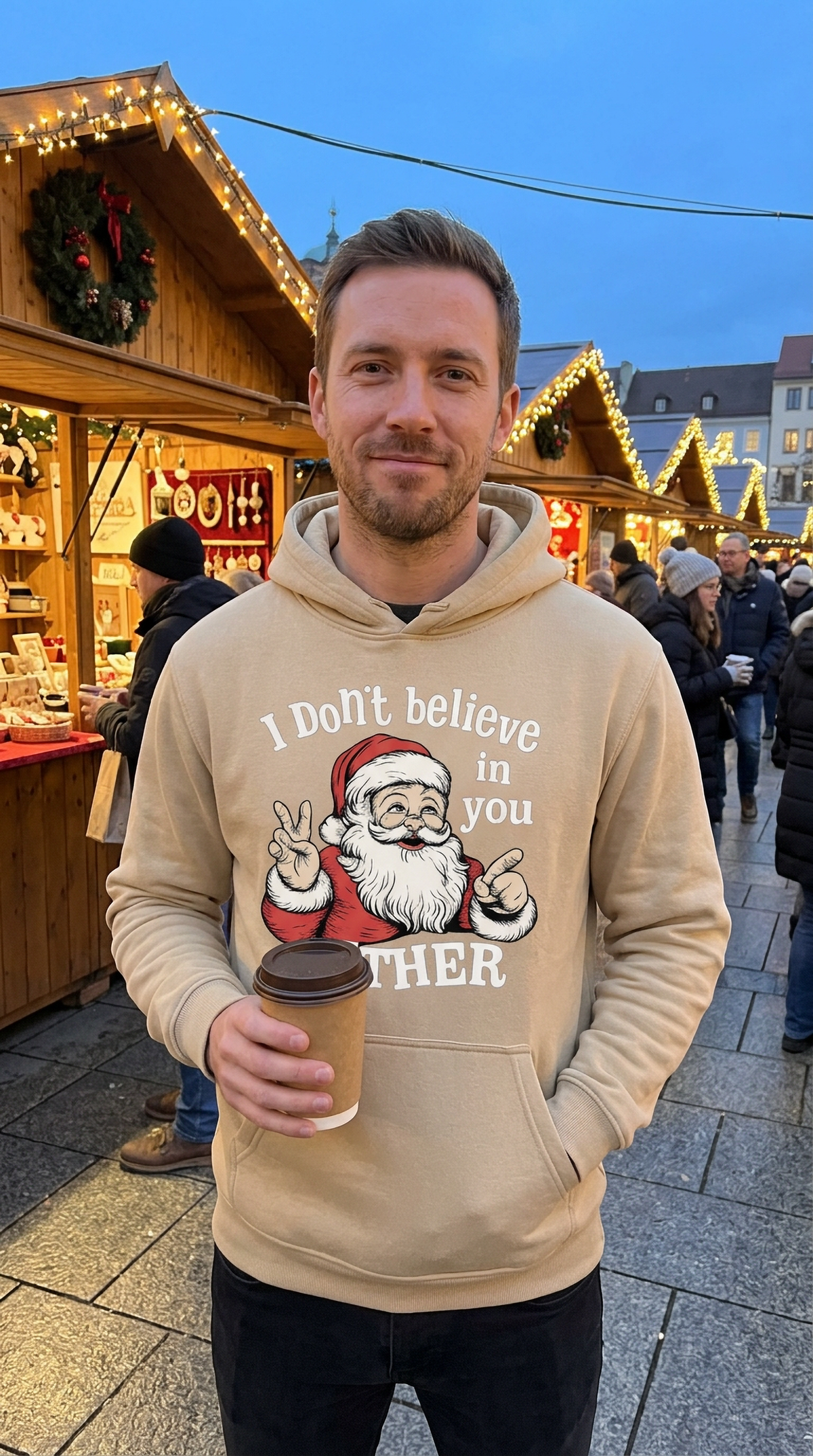 Man wearing sand I Don’t Believe in You Either Santa hoodie for a holiday outfit