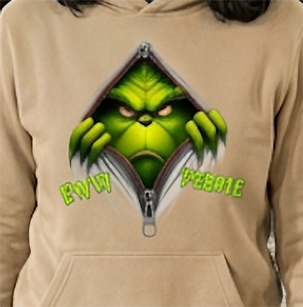 Close-up of Eww People Grinch Christmas design on sand colored hoodie