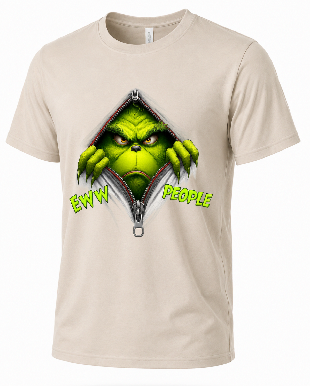 Sand Mockup: Sand-colored unisex Christmas graphic tee featuring the green Eww People Grinch zipper design.