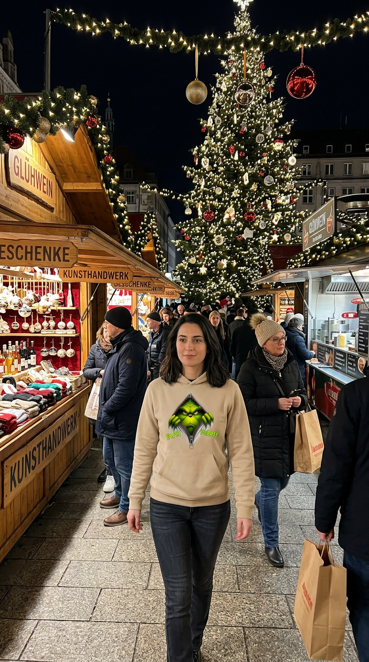 Woman wearing sand Eww People Grinch hoodie at an outdoor Christmas market