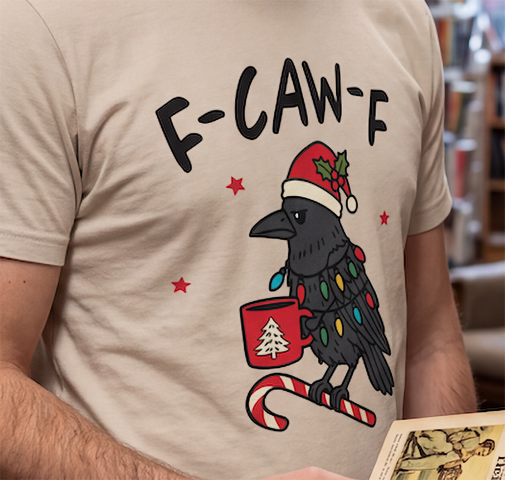 Close-up of F-Caw-F crow Christmas graphic on sand shirt