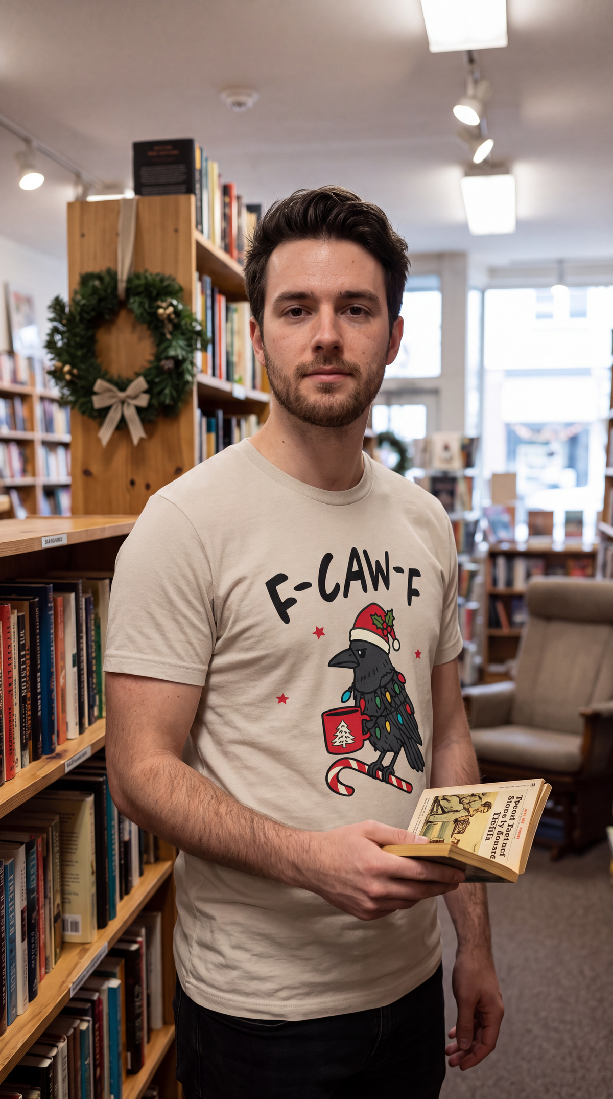 Model wearing sand F-Caw-F Christmas shirt with funny crow holiday graphic