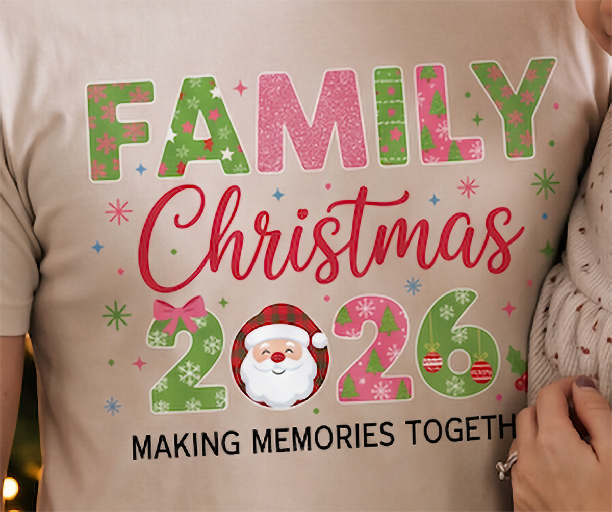 Close-up of sand Family Christmas 2026 shirt with Santa and making memories together text.