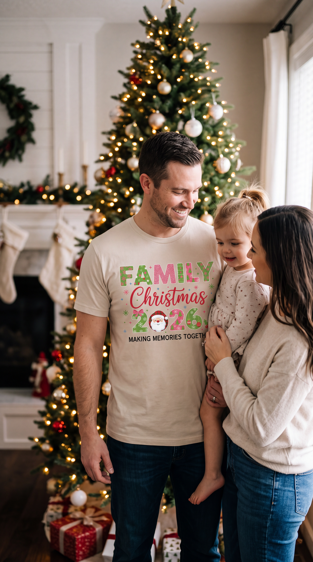 Man wearing sand Family Christmas 2026 graphic tee beside a decorated Christmas tree