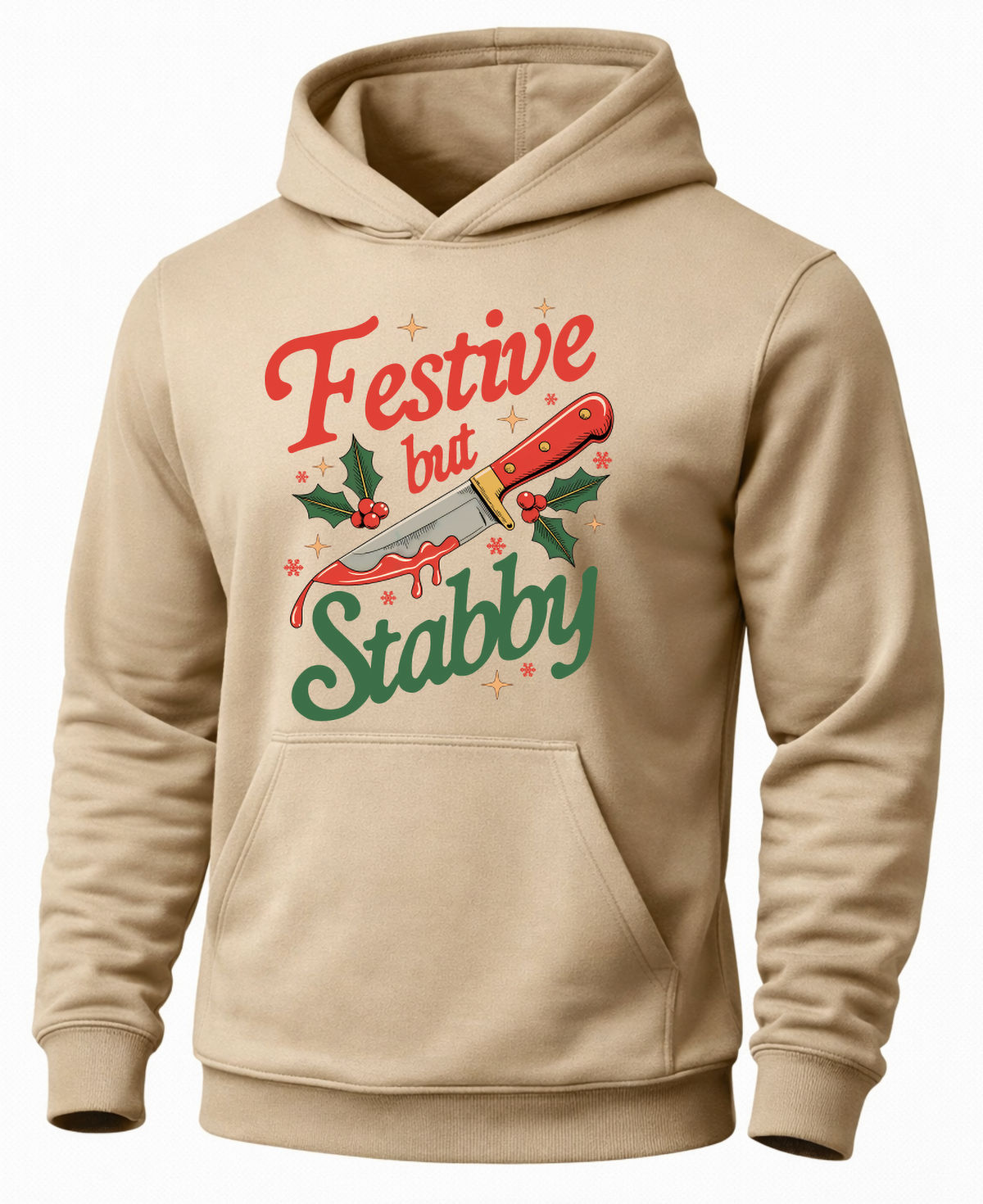 Sand Festive But Stabby Christmas hoodie with holiday knife graphic