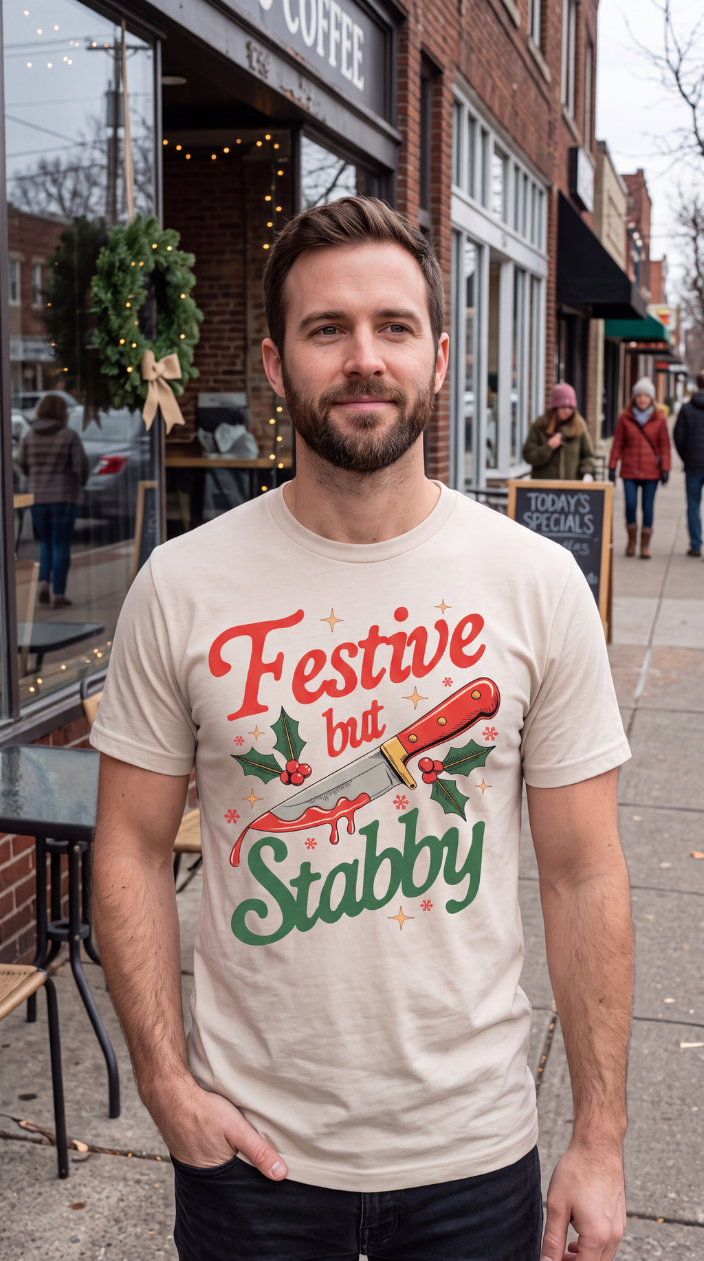 Man wearing sand Festive But Stabby funny Christmas shirt