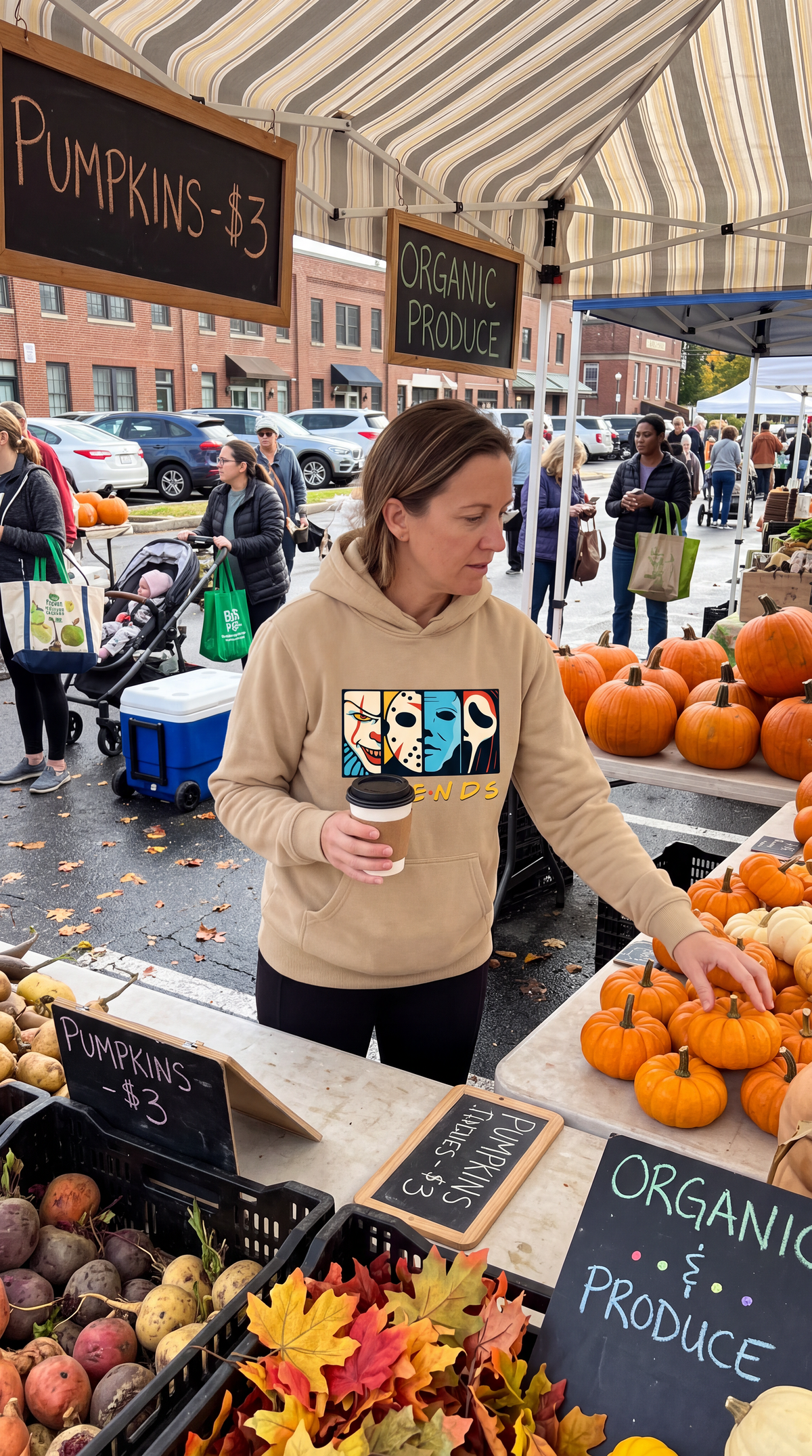 Woman wearing sand Horror Friends hoodie with colorful horror movie character design.