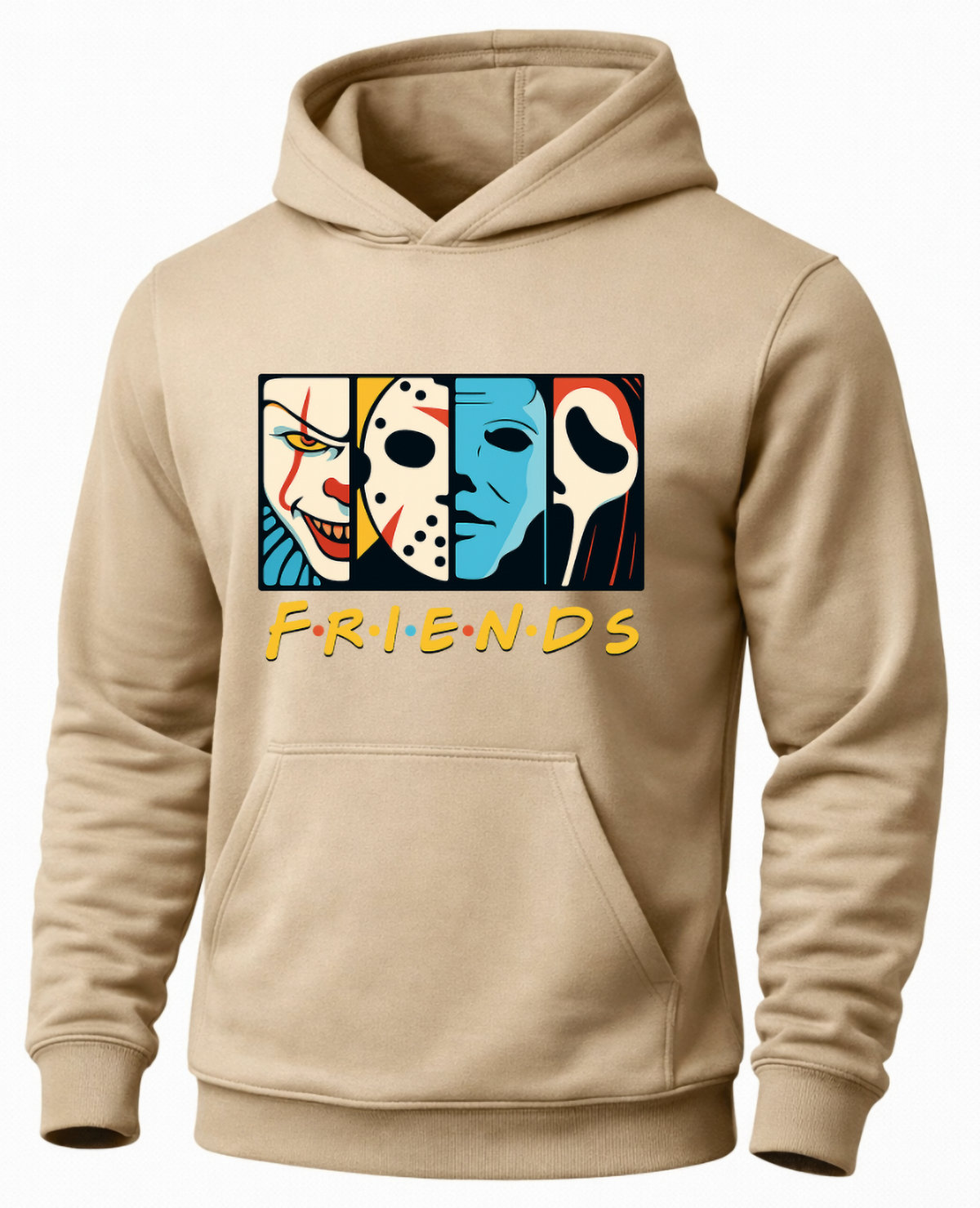 Sand Horror Friends hoodie featuring colorful slasher character graphic for Halloween.