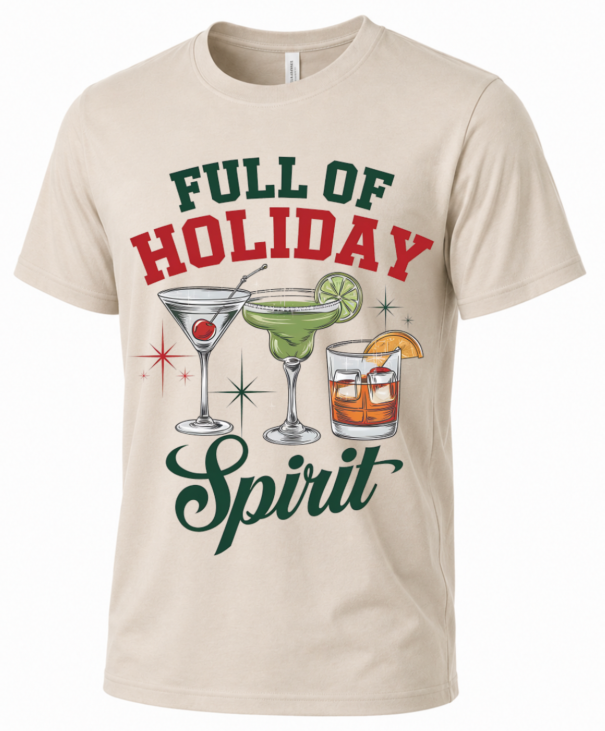 Sand Full of Holiday Spirit Christmas graphic tee featuring three holiday cocktails.